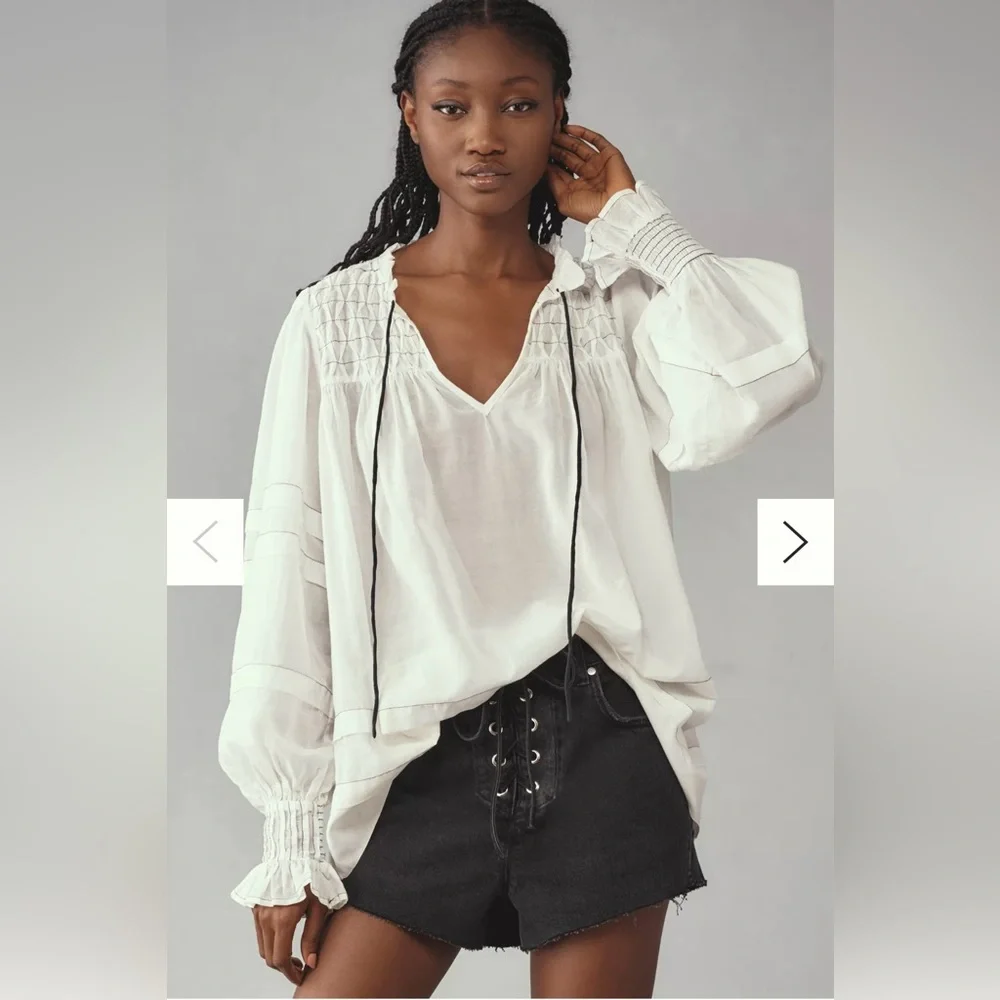 Anthropologie White Long-Sleeve Airy Babydoll Blouse Tunic Top Size Small